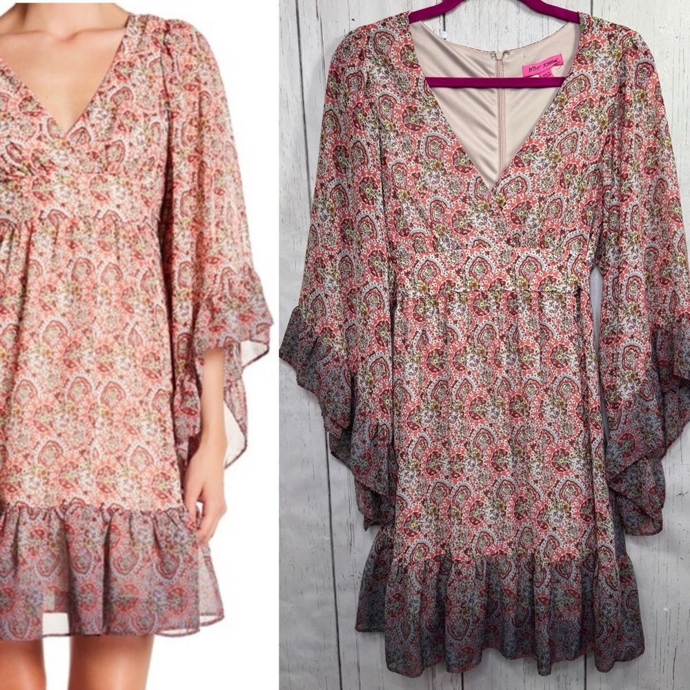 Betsey Johnson Paisley Boho Ruffle Dress Cottagecore Romantic Bell Sleeves